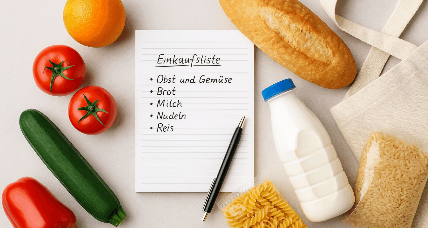 Einkaufswagen mit frischen Lebensmitteln und Einkaufszettel im Supermarkt als Symbol für effizientes Einkaufen