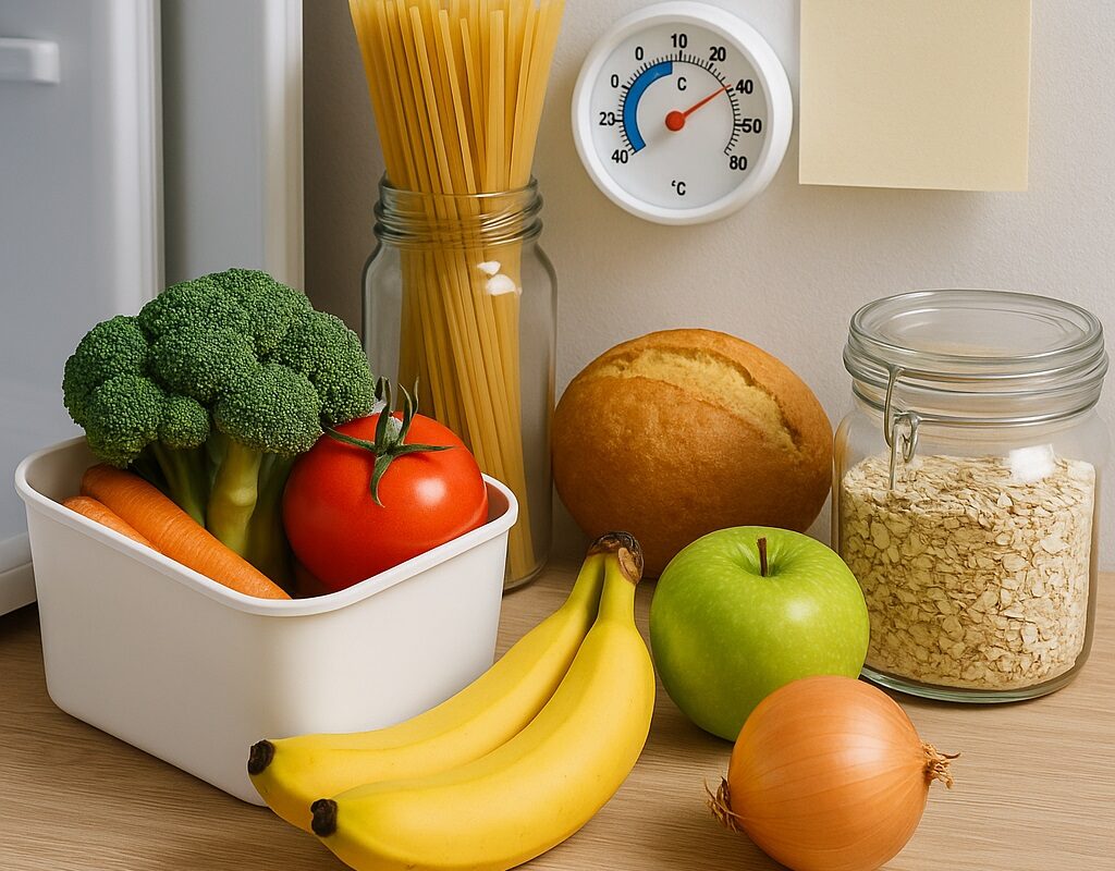 Lebensmittel wie Brokkoli, Tomate, Banane, Brot und Vorratsgläser zur symbolischen Darstellung von richtiger Lagerung