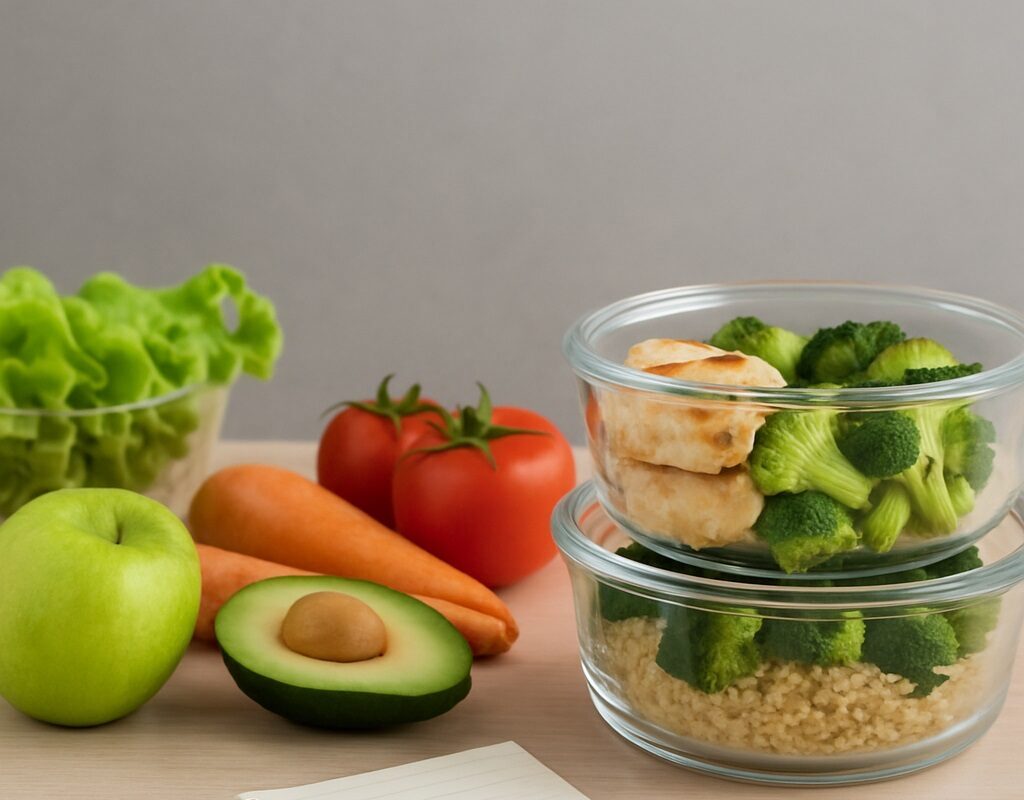 Frische Zutaten wie Gemüse, Obst, Kräuter und Gewürze auf einer hellen Küchenarbeitsplatte als Symbol für gesundes und schnelles Kochen