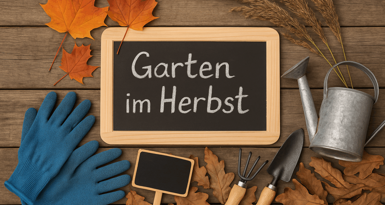 Herbstliche Gartenszene mit blauen Handschuhen, bunten Blättern, kleiner Kreidetafel mit der Aufschrift „Garten im Herbst“, Gießkanne und Gartengeräten auf Holzuntergrund