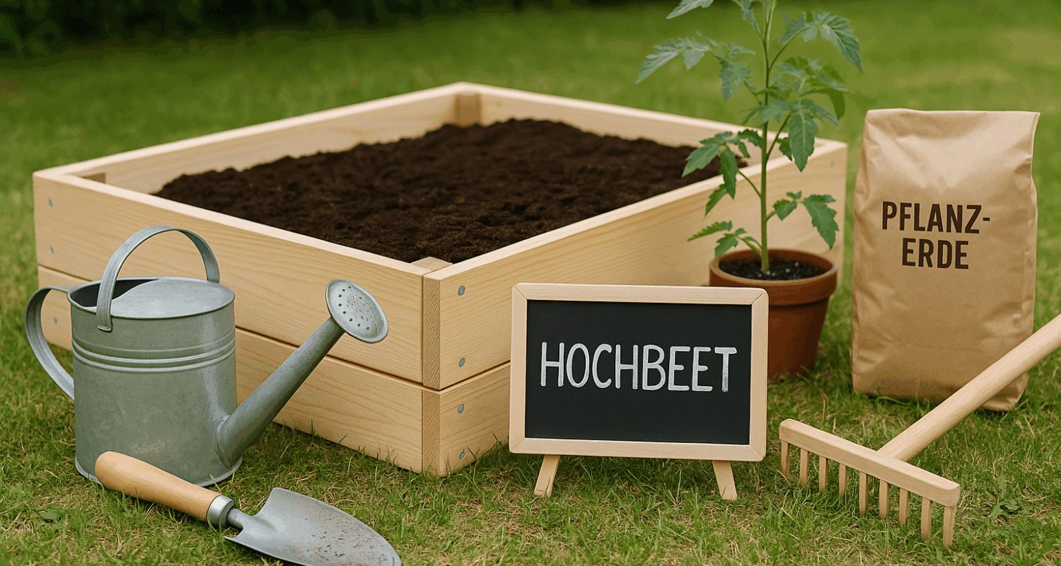 Frisch aufgebautes Hochbeet aus hellem Holz, gefüllt mit Erde, daneben Gießkanne, Gartenschaufel, Tomatenpflanze im Topf, Sack Pflanzerde und kleine Tafel mit der Aufschrift „Hochbeet“