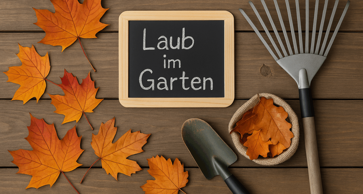 Herbstliche Szene mit Rechen, Handschaufel, Jutesack mit Laub, bunten Ahorn- und Eichenblättern sowie einer Kreidetafel mit der Aufschrift „Laub im Garten“ auf Holzuntergrund