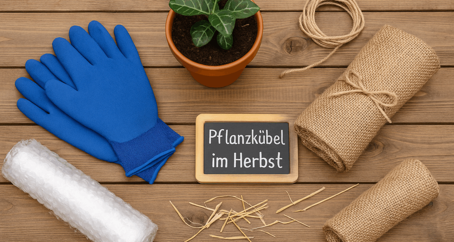 Terrakotta-Pflanzkübel mit grüner Pflanze, blaue Gartenhandschuhe, Luftpolsterfolie, Jutesack, Kordel und Kreidetafel mit der Aufschrift „Pflanzkübel im Herbst“ auf rustikalem Holztisch