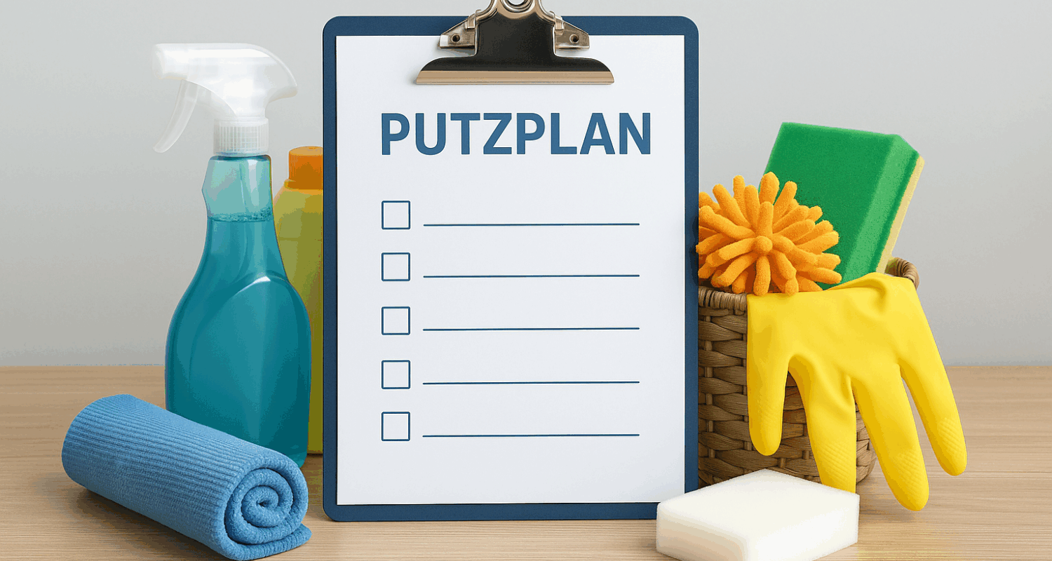 Putzplan mit Reinigungsutensilien wie Handschuhen, Schwamm, Sprühflasche und Mikrofasertuch auf Holztisch
