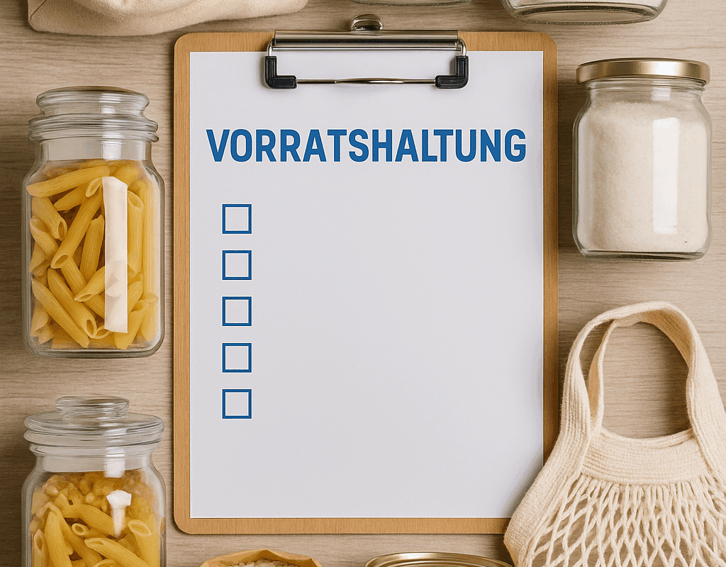 Klemmbrett mit der Aufschrift „Vorratshaltung“ und Checkliste, umgeben von Glasbehältern mit Nudeln, Reis, Mehl, Zucker, Baumwollbeutel und Konservendose auf Holztisch